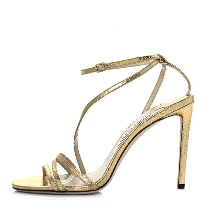 Jimmy Choo Snakeskin Embossed Tesca 100 Sandals 41 Gold 1 of 12