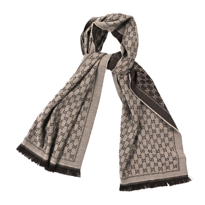 Gucci Wool GG Monogram Reversible New Sten Fringe Scarf Beige Dark Brown 1 of 3