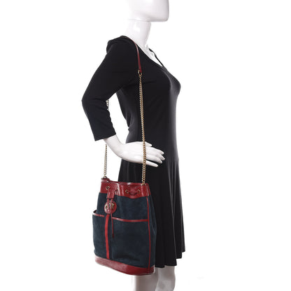 Gucci Suede Calfskin Web Medium Rajah Bucket Bag New Blue Romantic Cherry 2 of 9