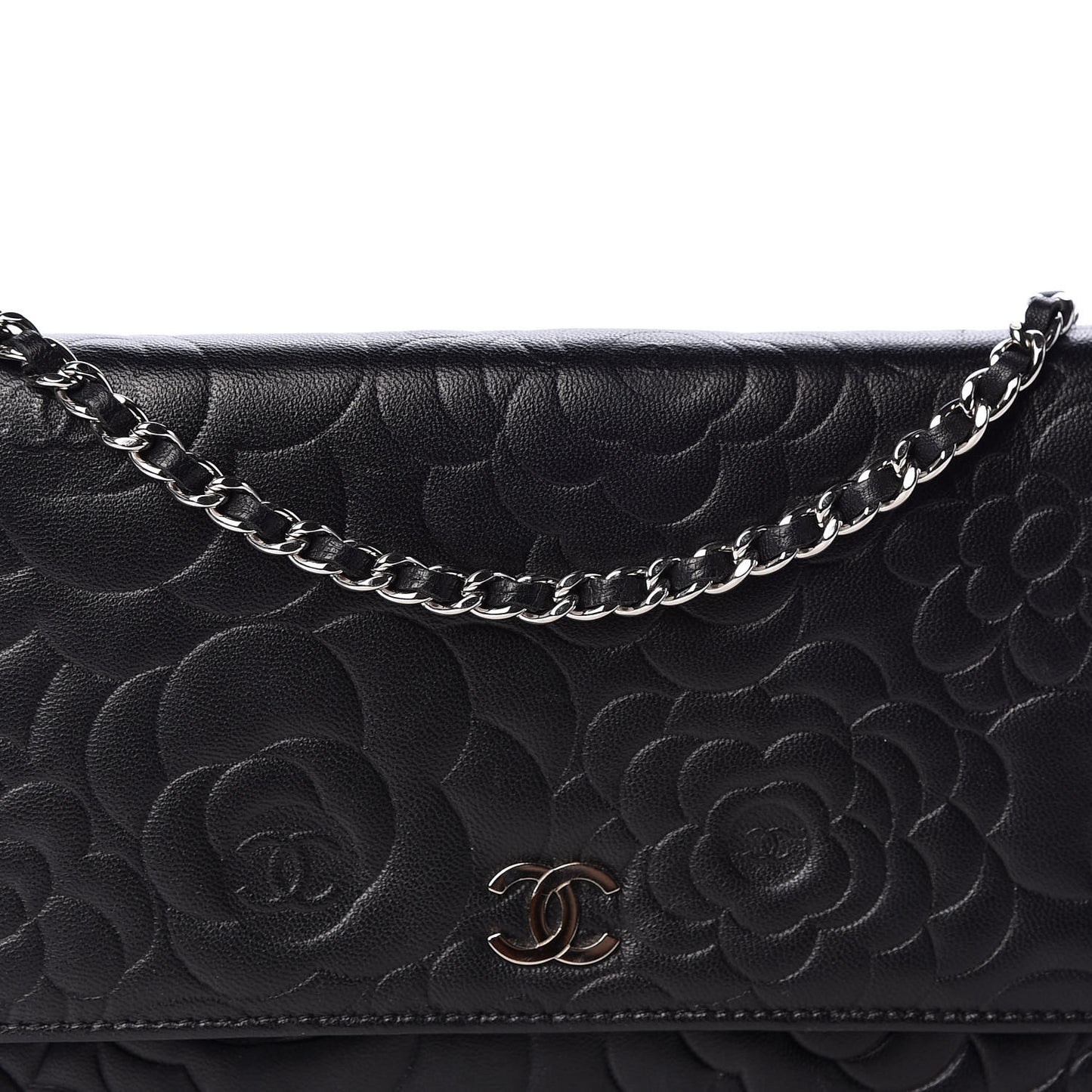 Lambskin Camellia Embossed Wallet on Chain WOC Black
