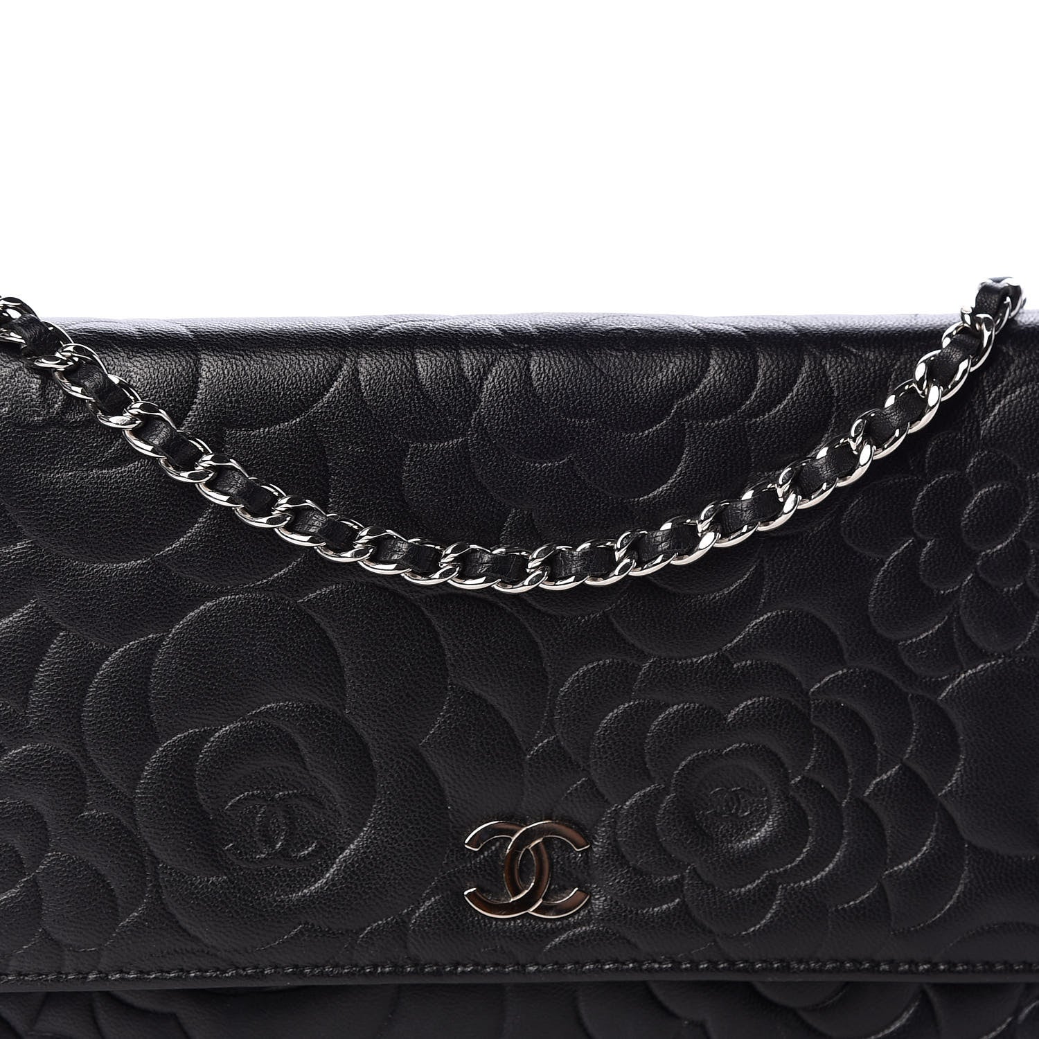 Chanel Lambskin Camellia Embossed Wallet on Chain WOC Black 8 of 11