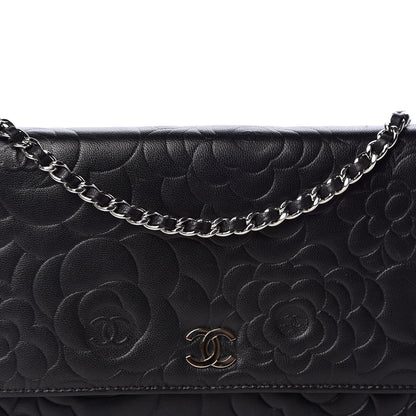 Chanel Lambskin Camellia Embossed Wallet on Chain WOC Black 8 of 11