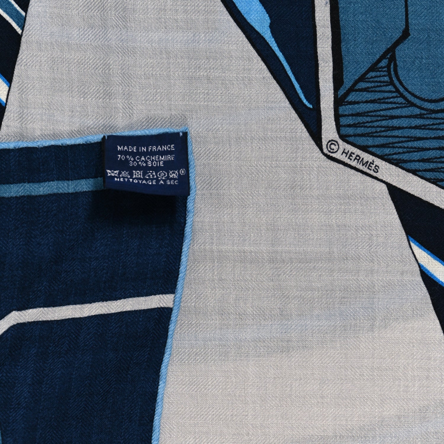 Hermes Silk Cashmere Mysterious Rider Shawl 140 Marine Gris Bleu Grise 3 of 4