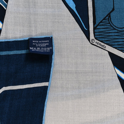 Hermes Silk Cashmere Mysterious Rider Shawl 140 Marine Gris Bleu Grise 3 of 4