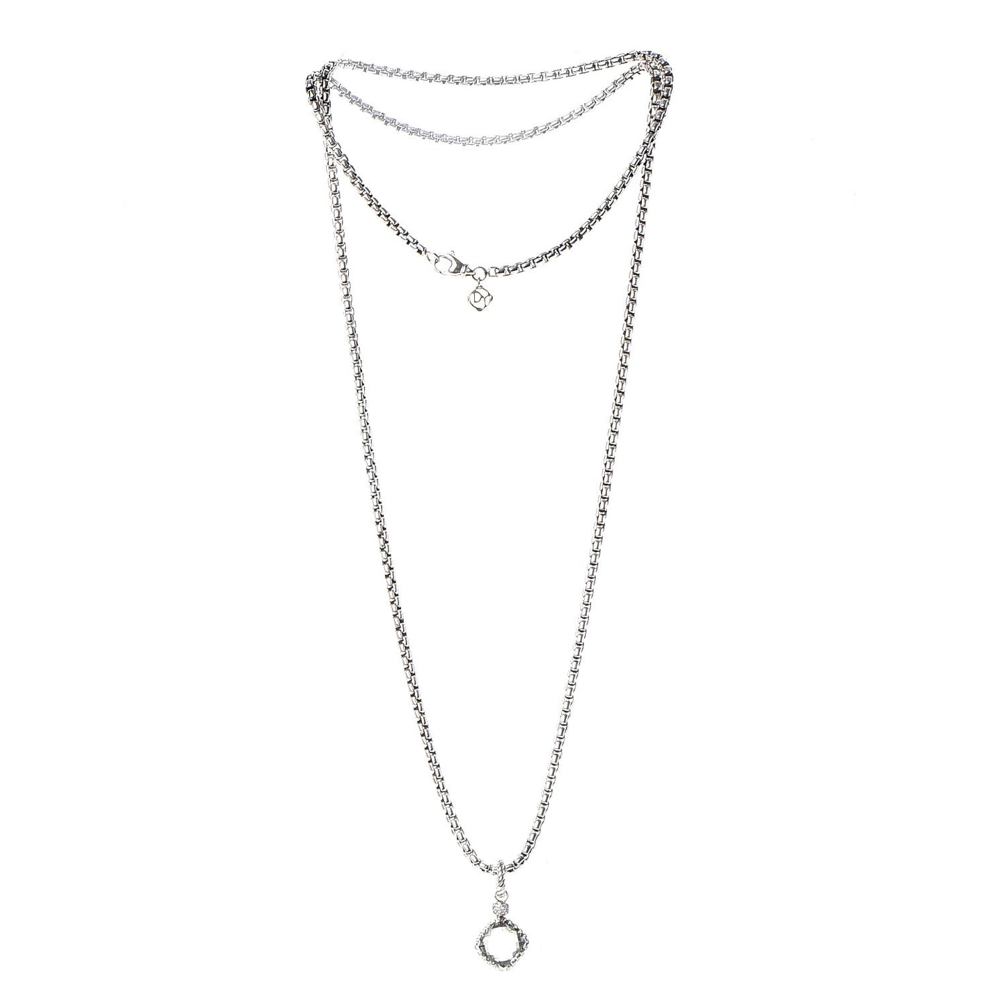 Sterling Silver 14K Yellow Gold Pave Diamond Prasiolite 11mm Cushion On Point Pendant Necklace