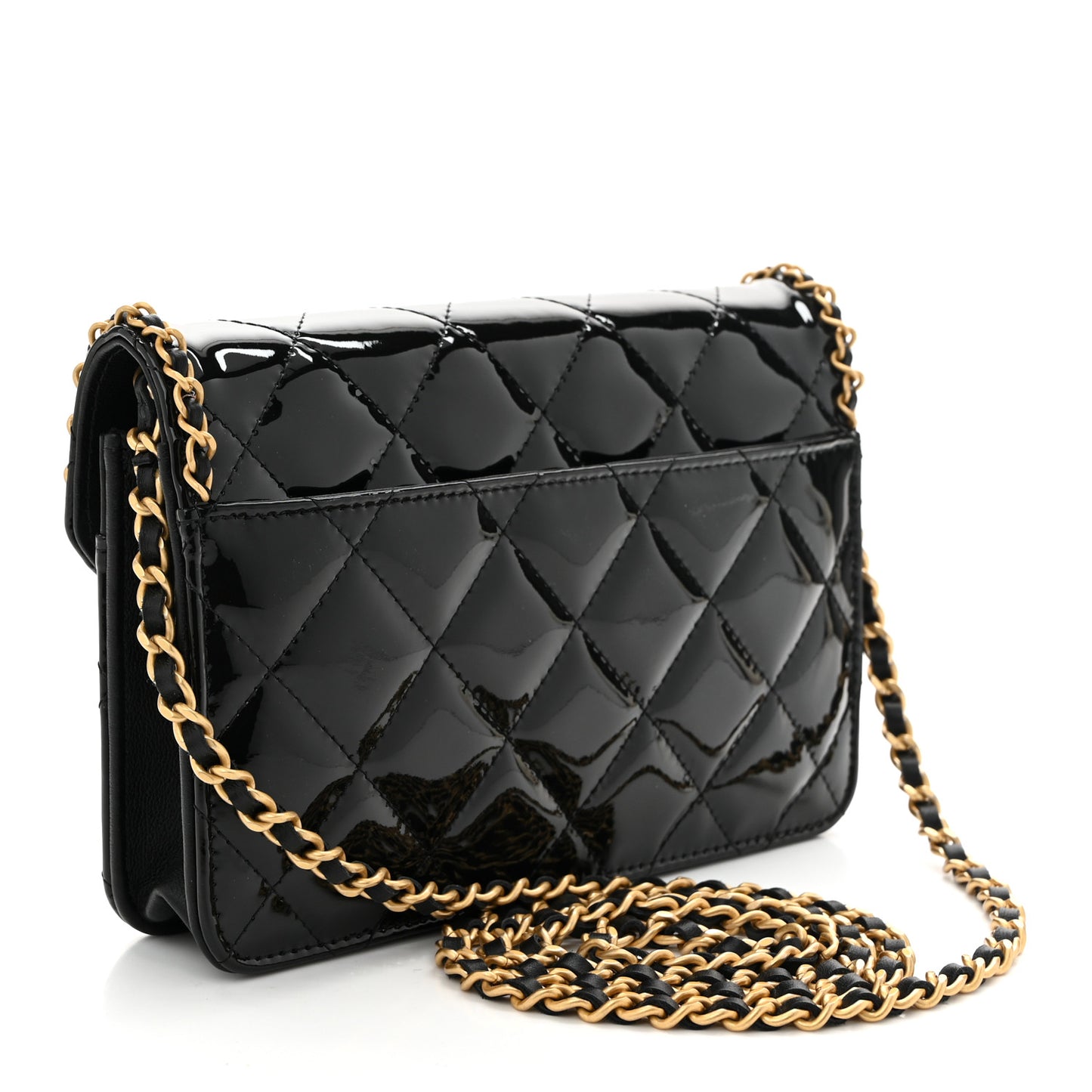 Patent Quilted Chain Around Heart Wallet On Chain WOC Black