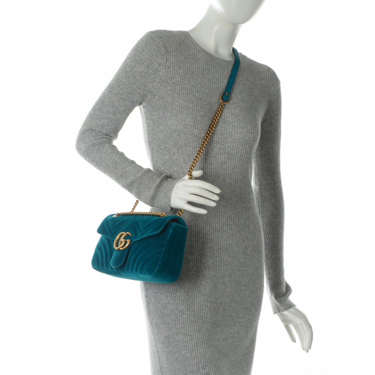 Gucci Velvet Matelasse Small GG Marmont Shoulder Bag Pavone Cyan 2 of 7