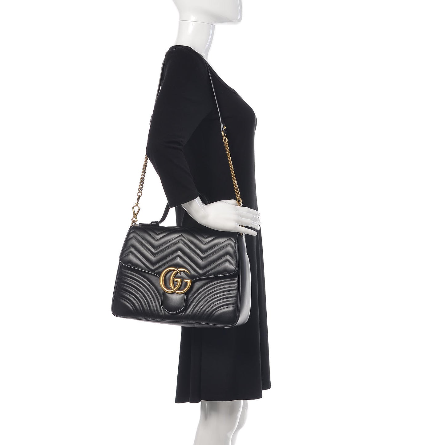 Calfskin Matelasse Medium GG Marmont Top Handle Shoulder Bag Black