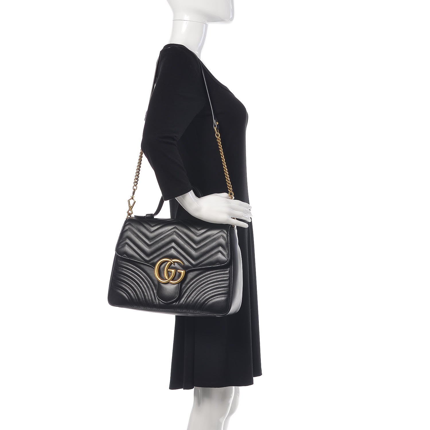 Gucci Calfskin Matelasse Medium GG Marmont Top Handle Shoulder Bag Black 2 of 13