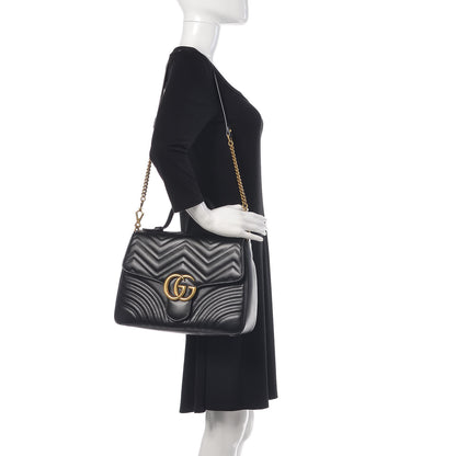 Gucci Calfskin Matelasse Medium GG Marmont Top Handle Shoulder Bag Black 2 of 13