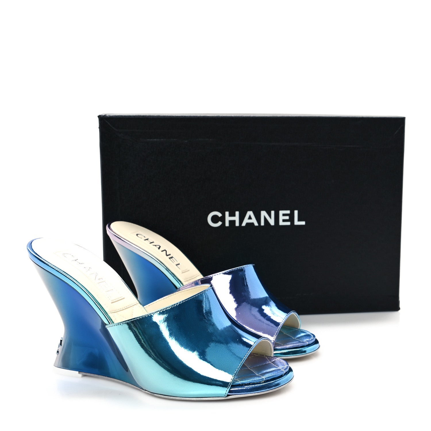Chanel Laminated Calfskin Wedge Mules 38 Blue Purple 1687804