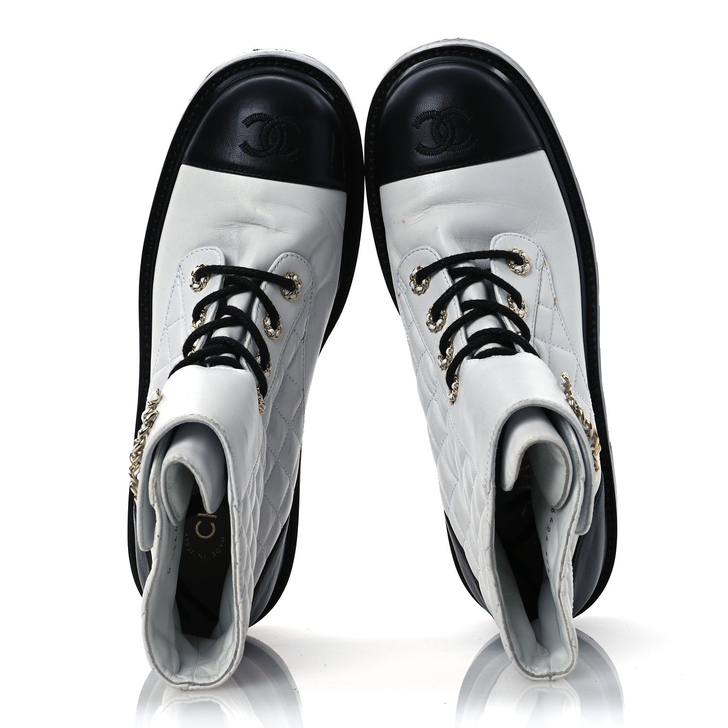 Chanel Shiny Lambskin Quilted Lace Up Combat Boots 39.5 White