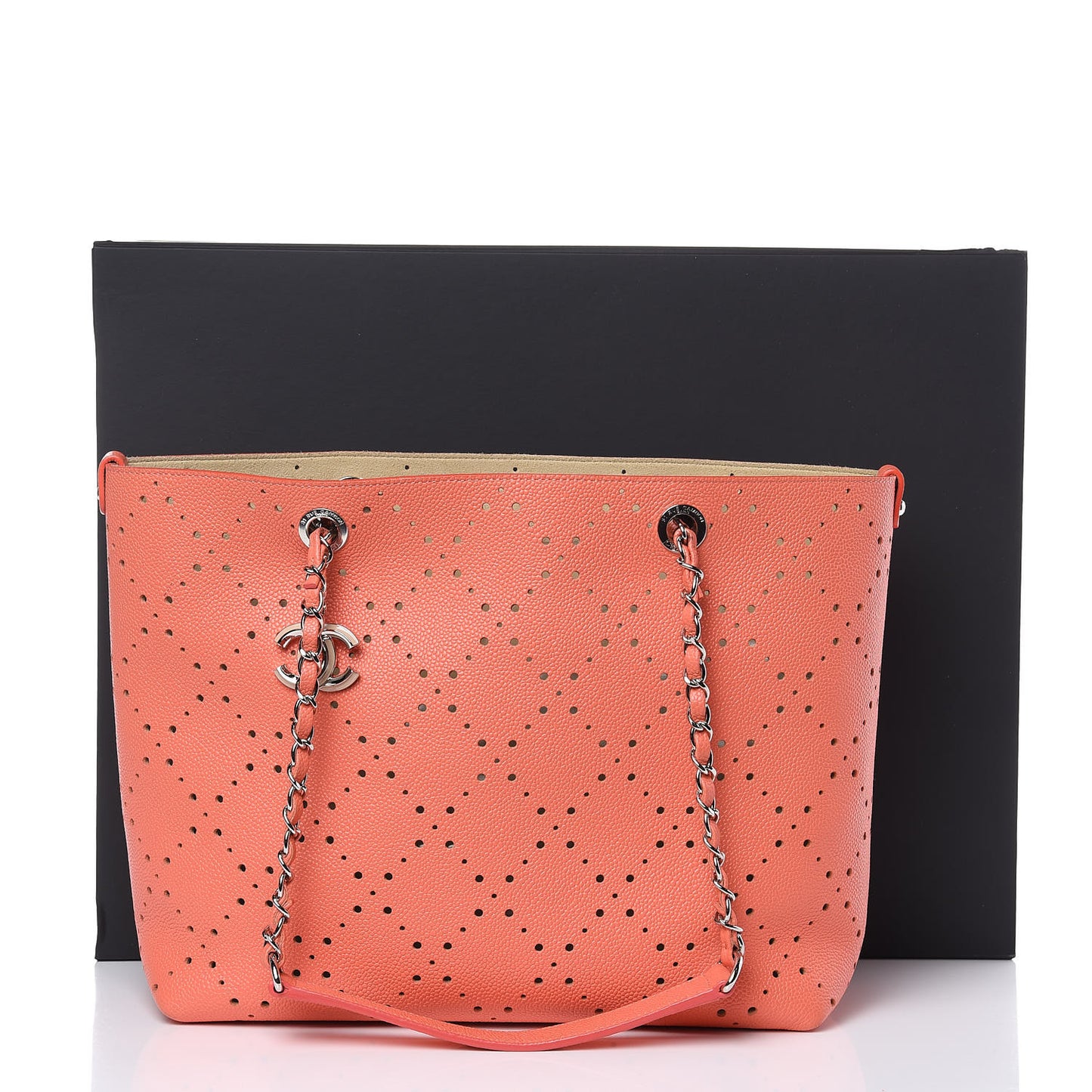 Perforated Grained Calfskin Small Shopping Tote Coral Beige