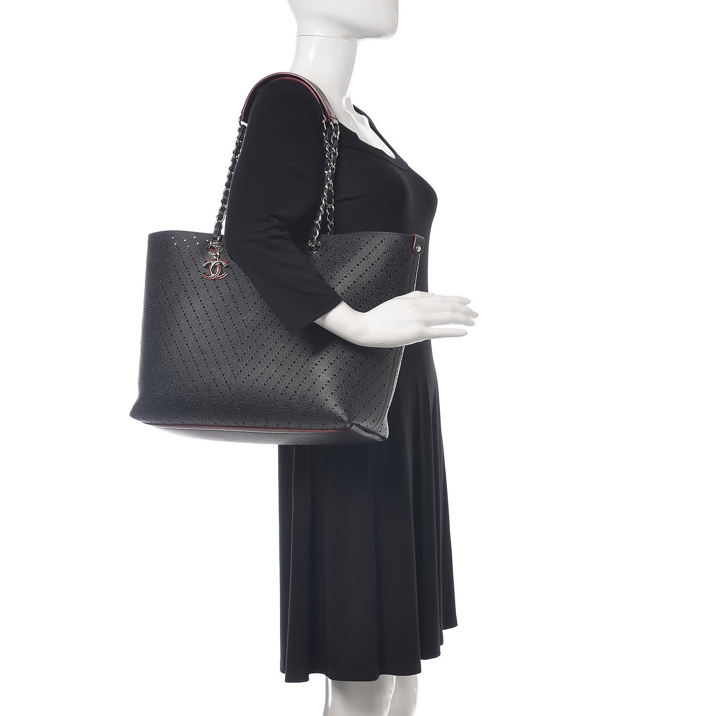 Perforated Grained Calfskin Large Shopping Tote Black