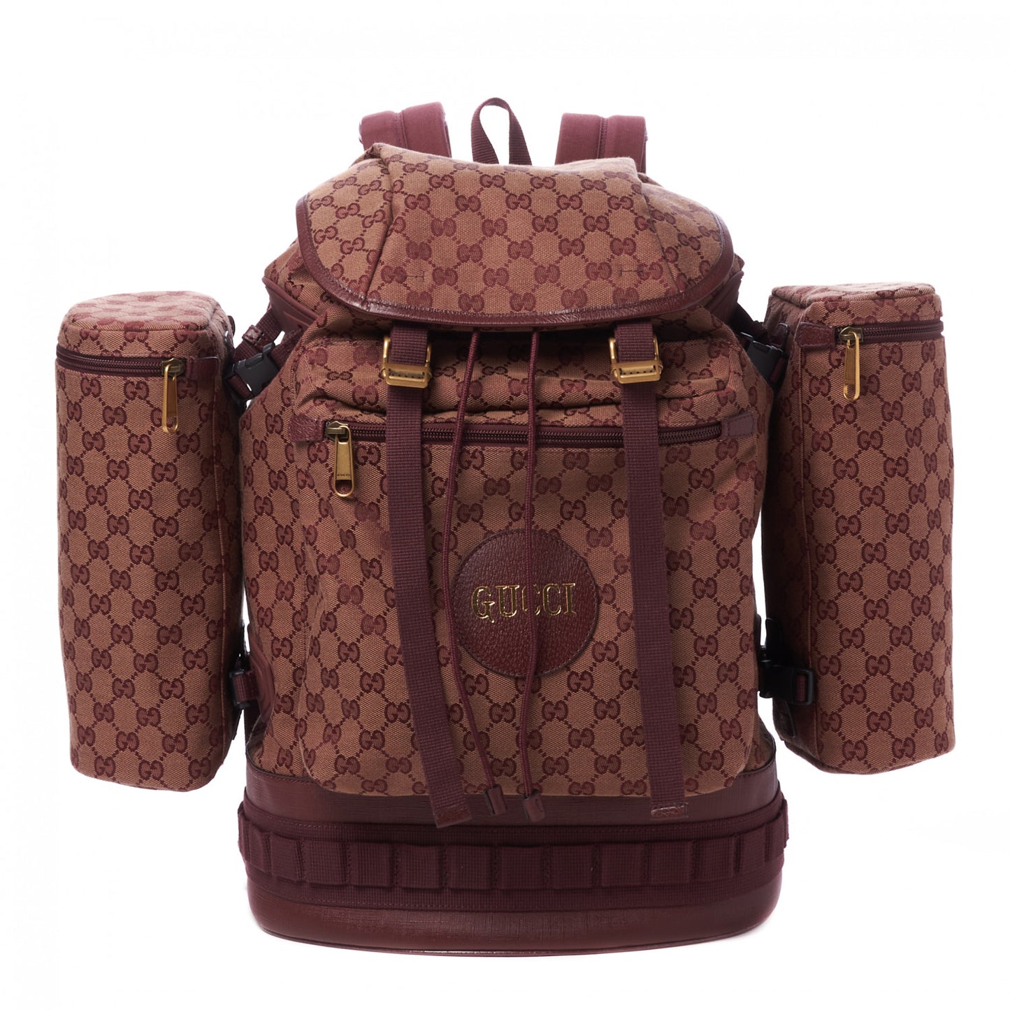 GG Monogram Script Logo Large Double Pocket Backpack Sahara Rubino Bordeaux