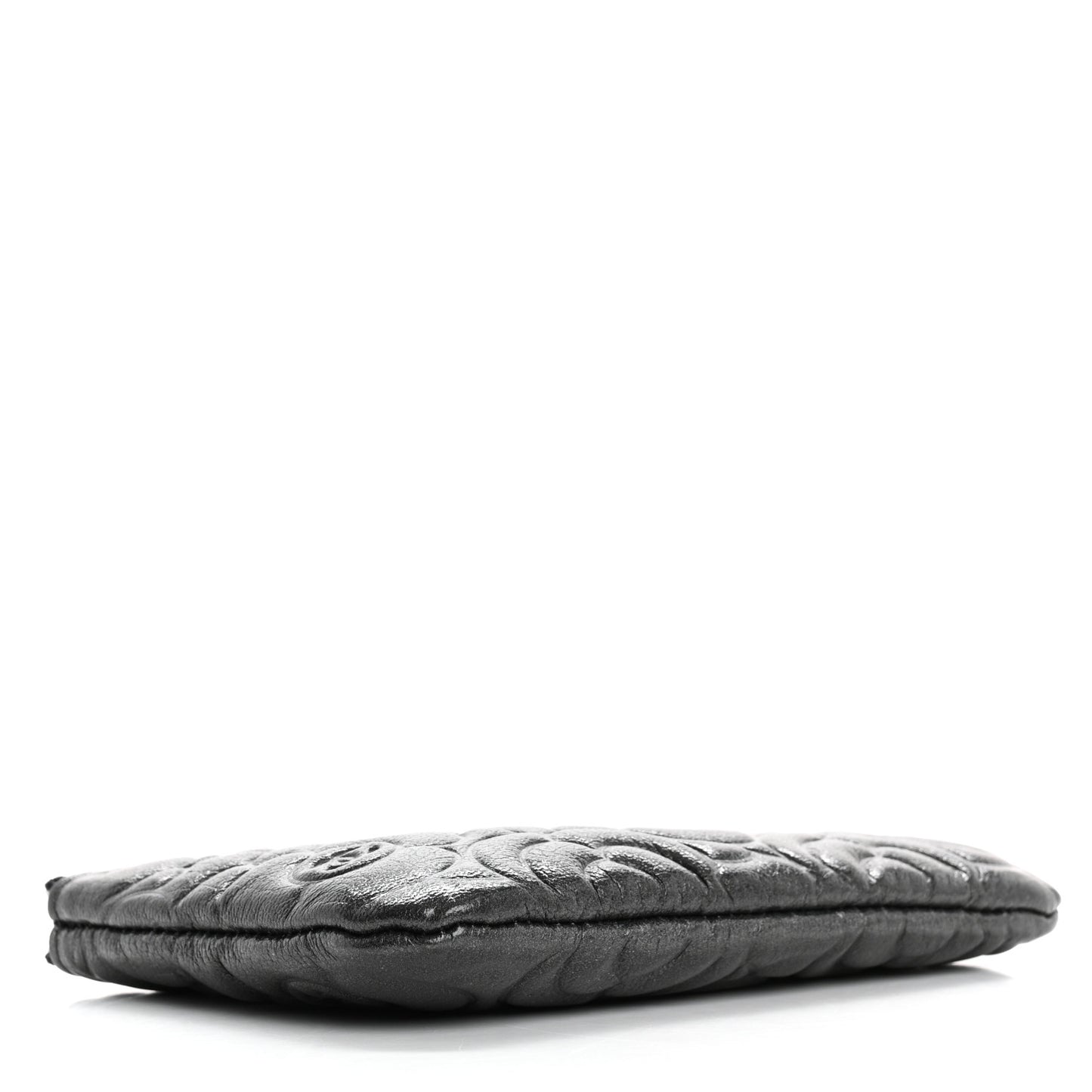 Goatskin Camellia Embossed Cosmetic Pouch Anthracite