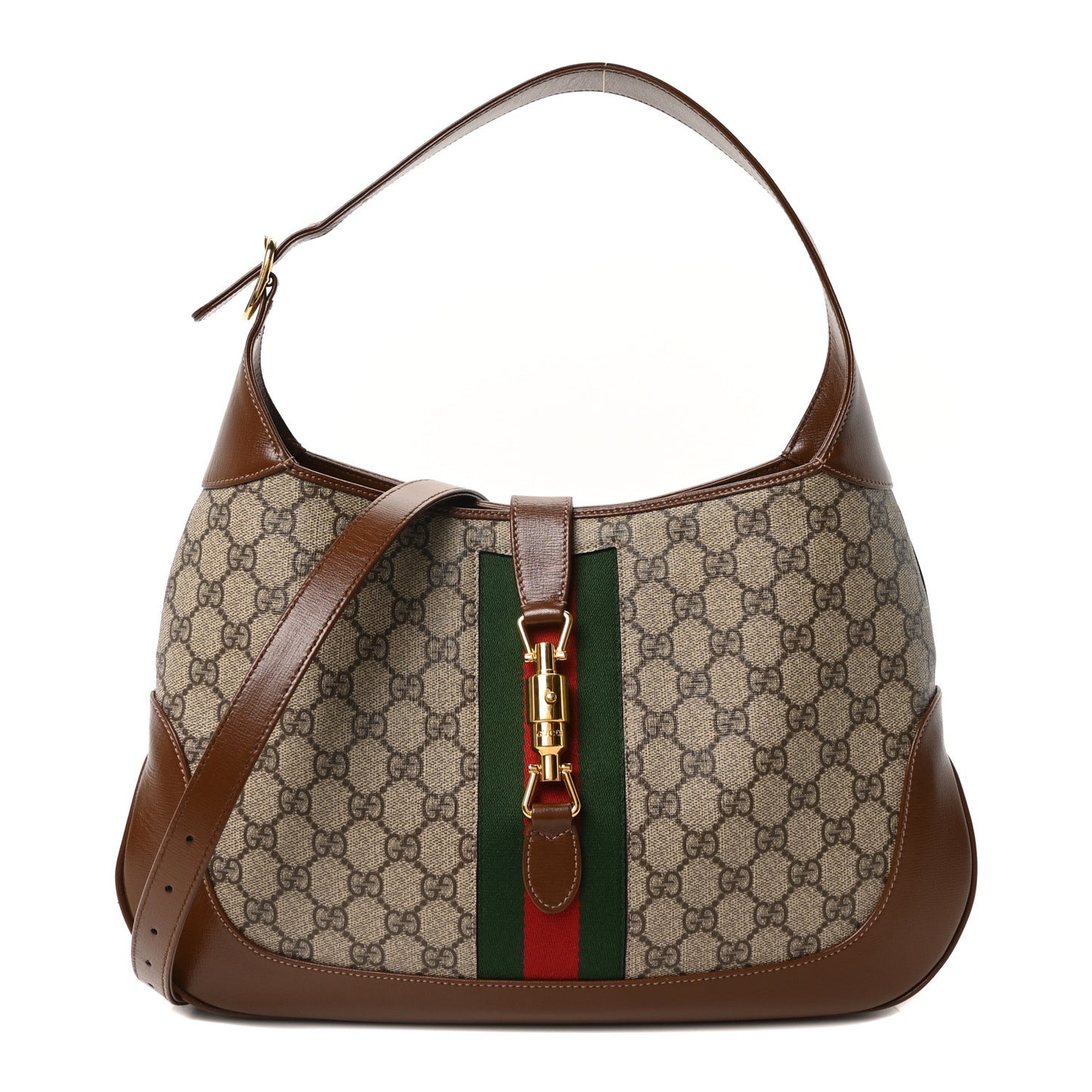 GG Supreme Monogram Azalea Calfskin Web Medium Jackie 1961 Hobo Beige Ebony Brown Sugar