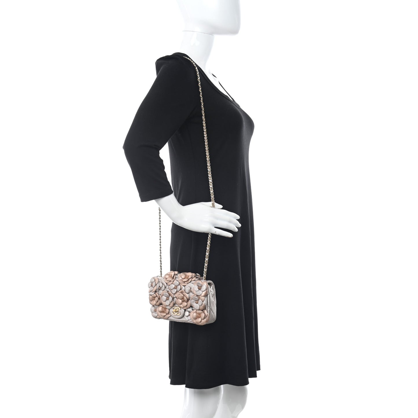 Metallic Lambskin Quilted Mini Camellia Flap Silver Gold