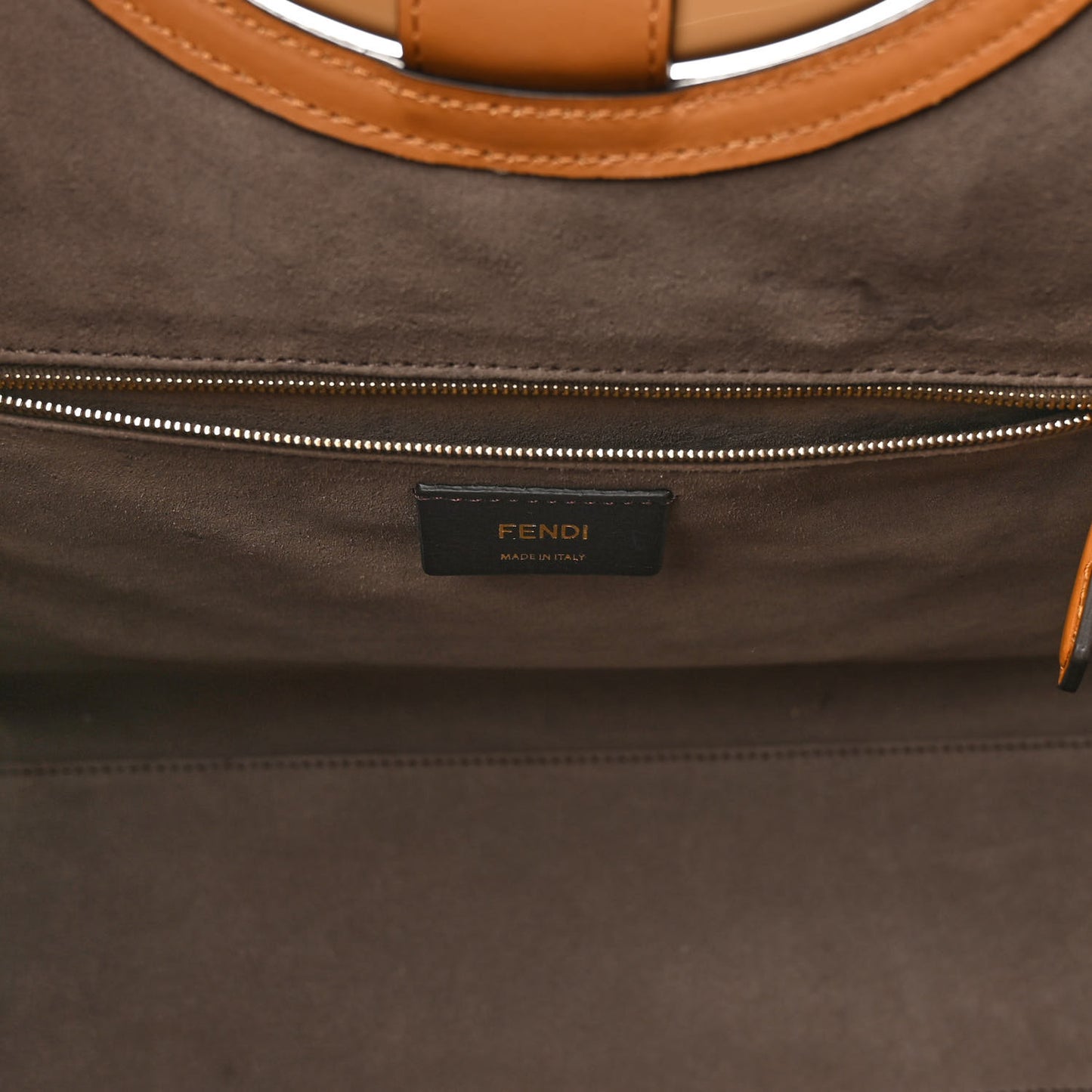Glazed Fabric Vitello Century Plexiglass FF 1974 Stamp Patch Medium Runaway Shopper Tote Mogano Panna Nocciola