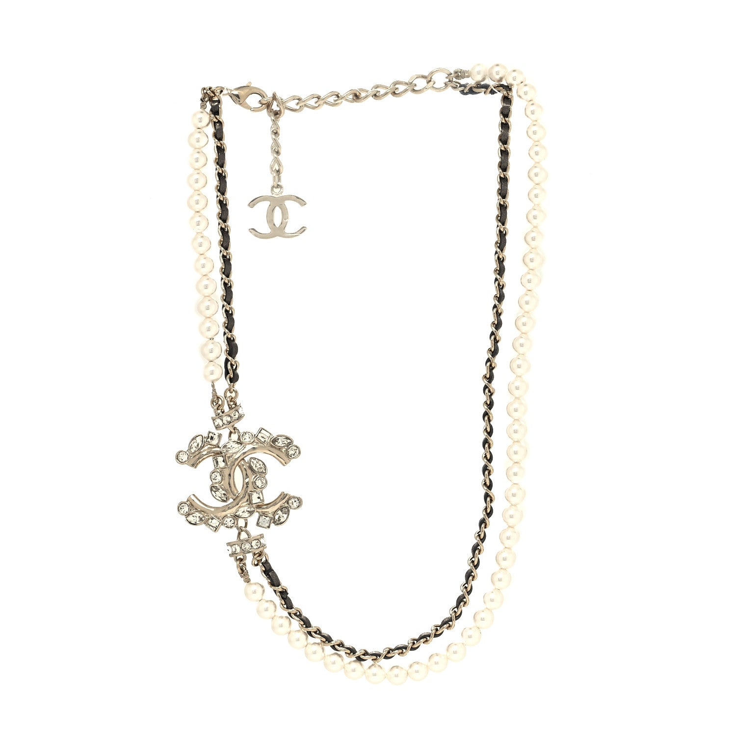 Chanel Pearl Crystal Baguette Lambskin CC Double Strand Necklace Gold Black 2 of 5