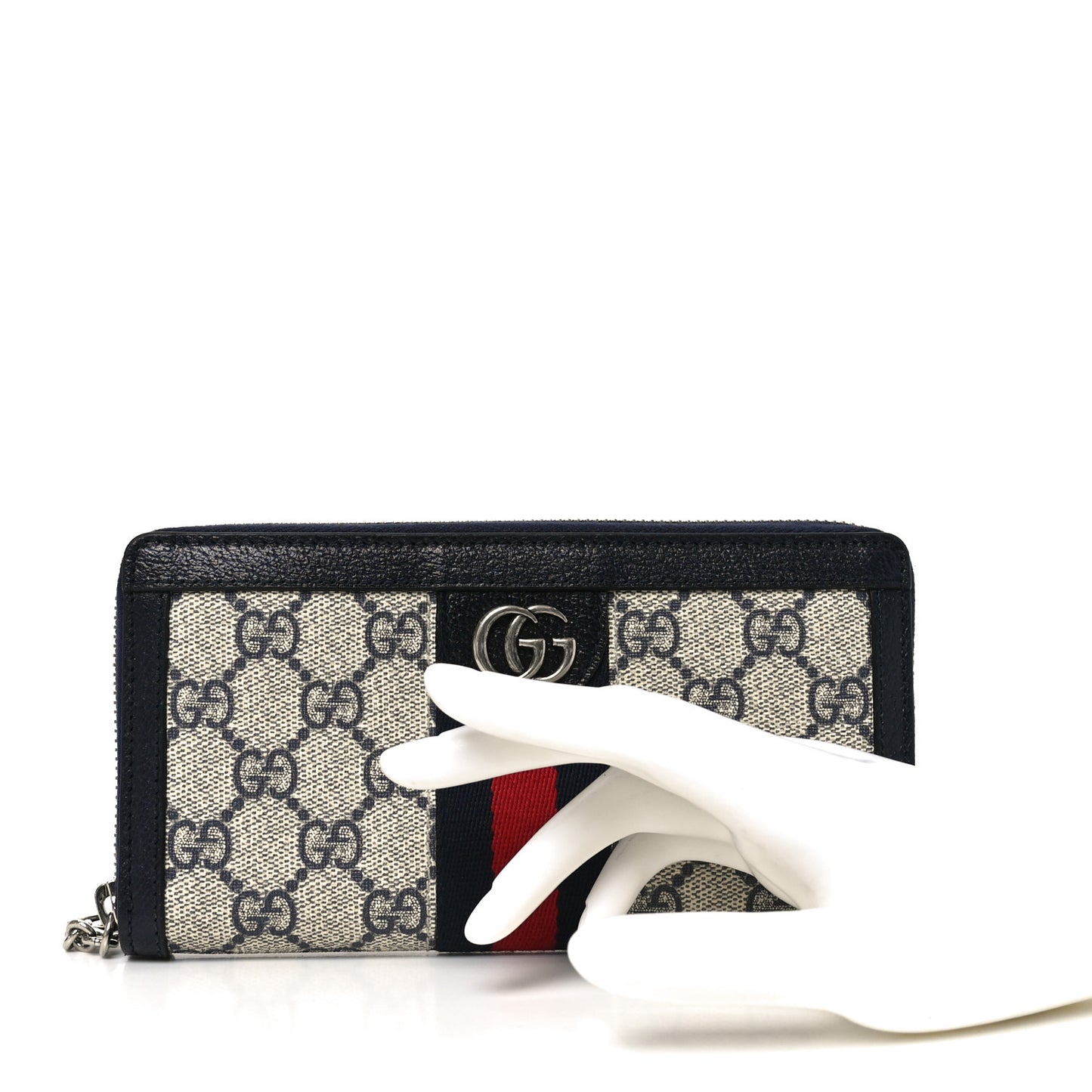 GG Supreme Monogram Textured Dollar Calfskin Web Ophidia Zip Around Wallet Beige Blue