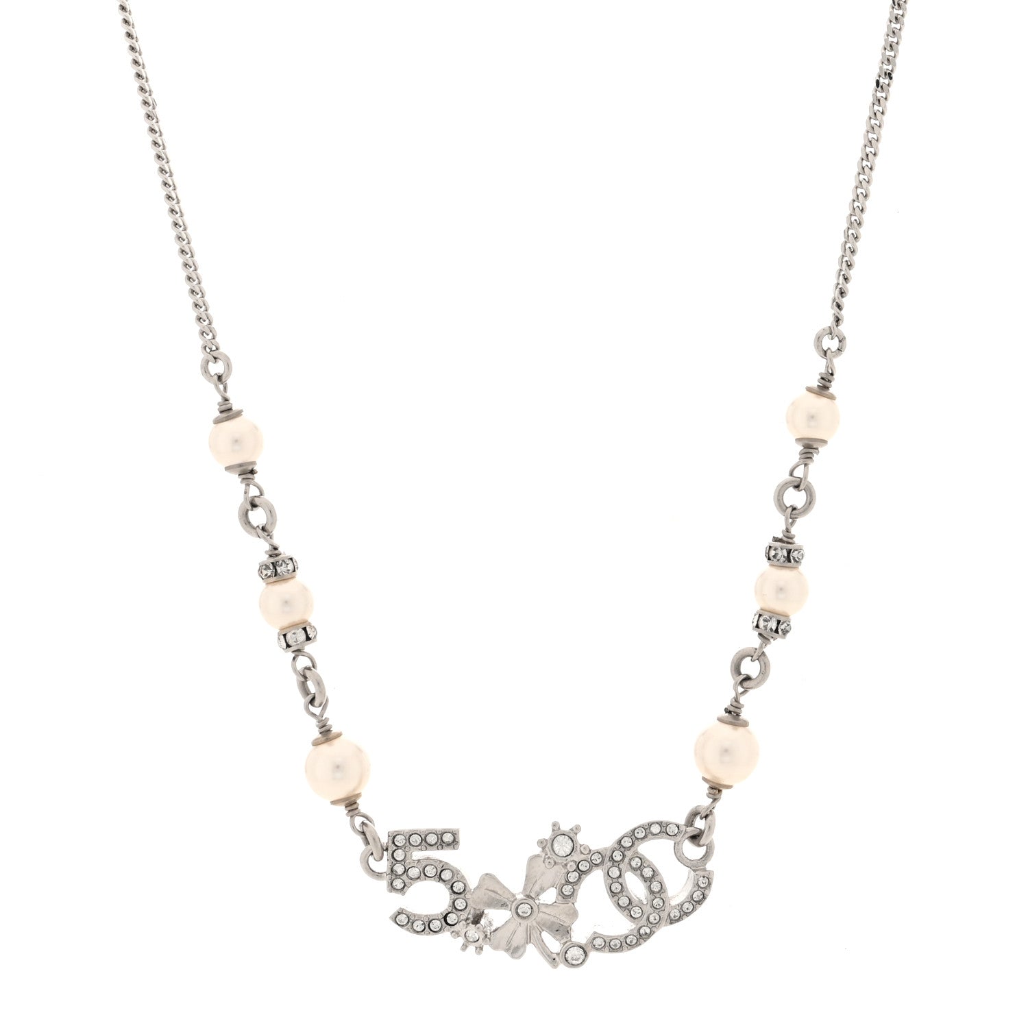 Chanel Pearl Crystal CC Clover No 5 Short Necklace Silver White 1 of 5