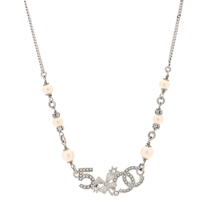 Chanel Pearl Crystal CC Clover No 5 Short Necklace Silver White 1 of 5