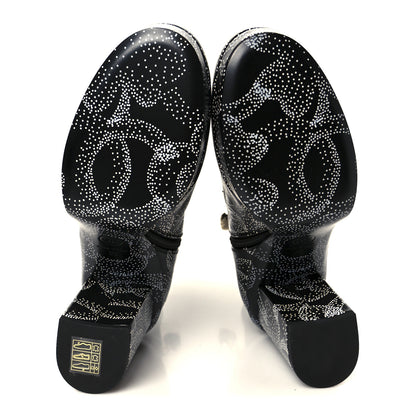 Chanel Calfskin Camellia Printed Ankle Boots 39 Black White 6 of 10
