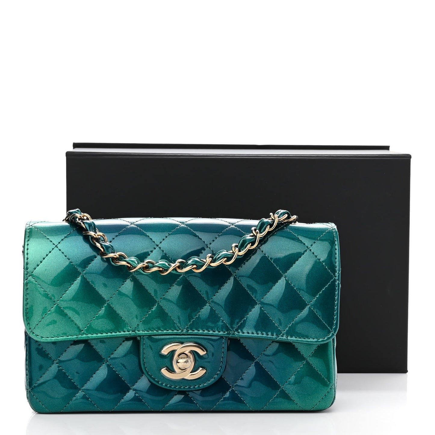 Shaded Patent Calfskin Quilted Mini Rectangular Flap Green Blue