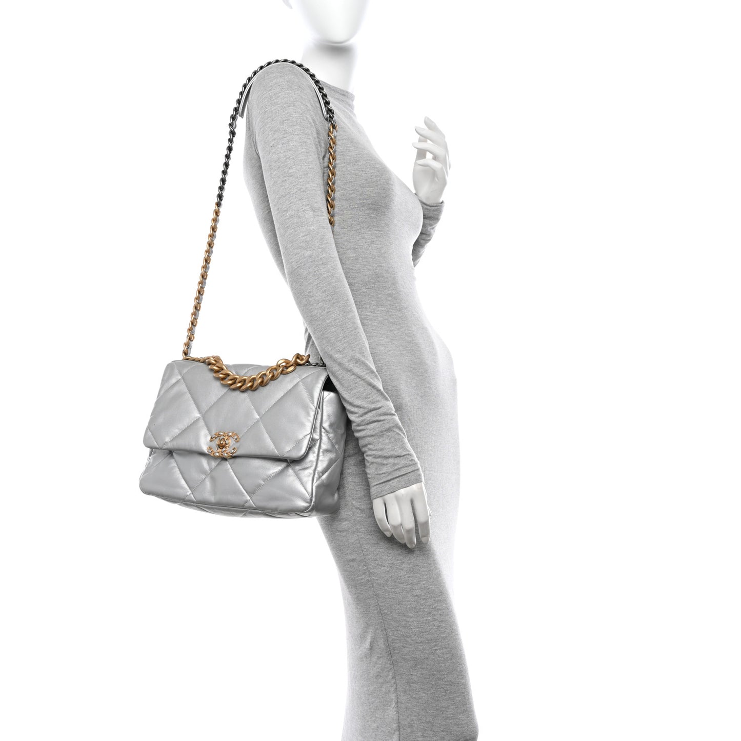Metallic Goatskin Quilted Large Chanel 19 Flap Silver
