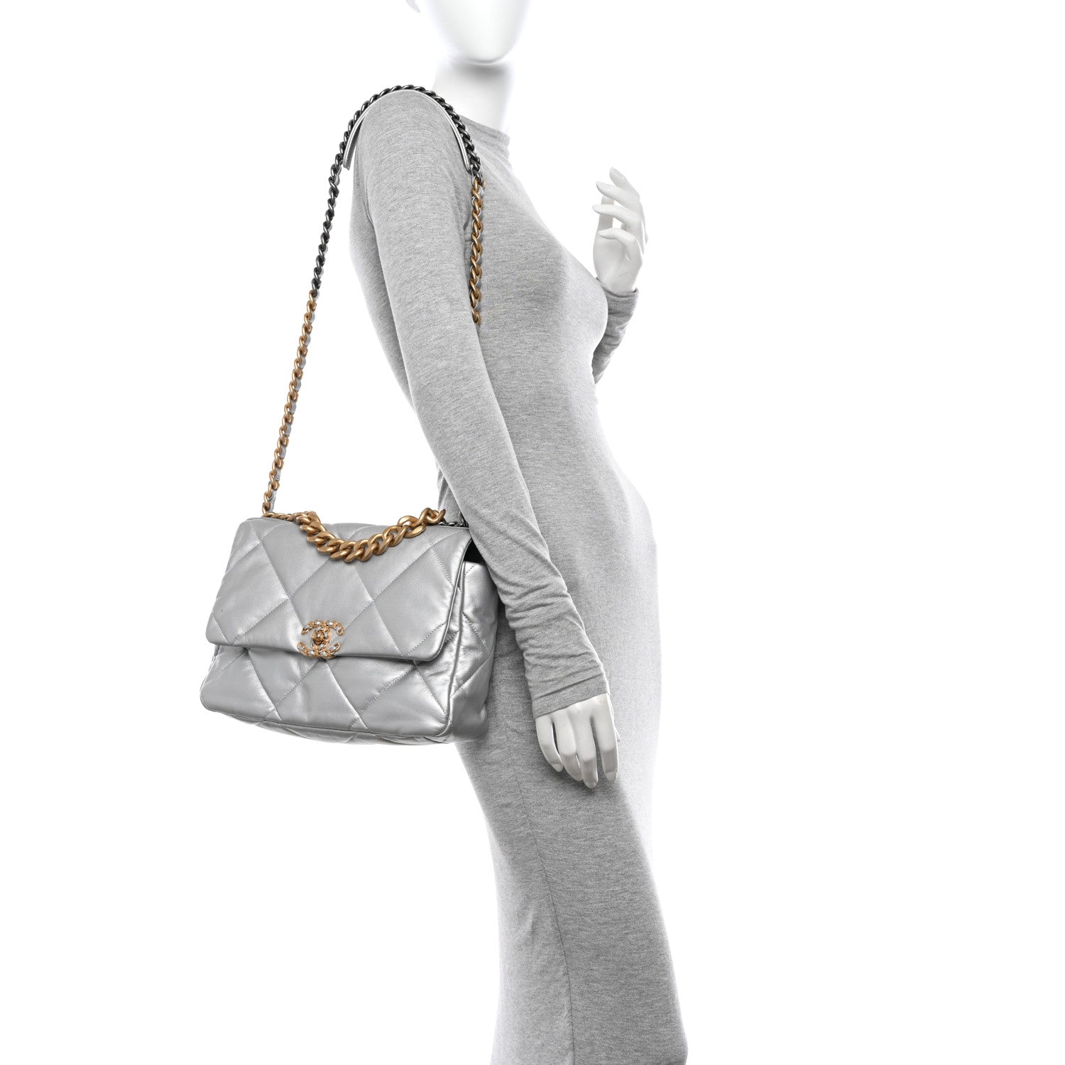 Chanel Metallic Goatskin Quilted Large Chanel 19 Flap Silver 3 of 12