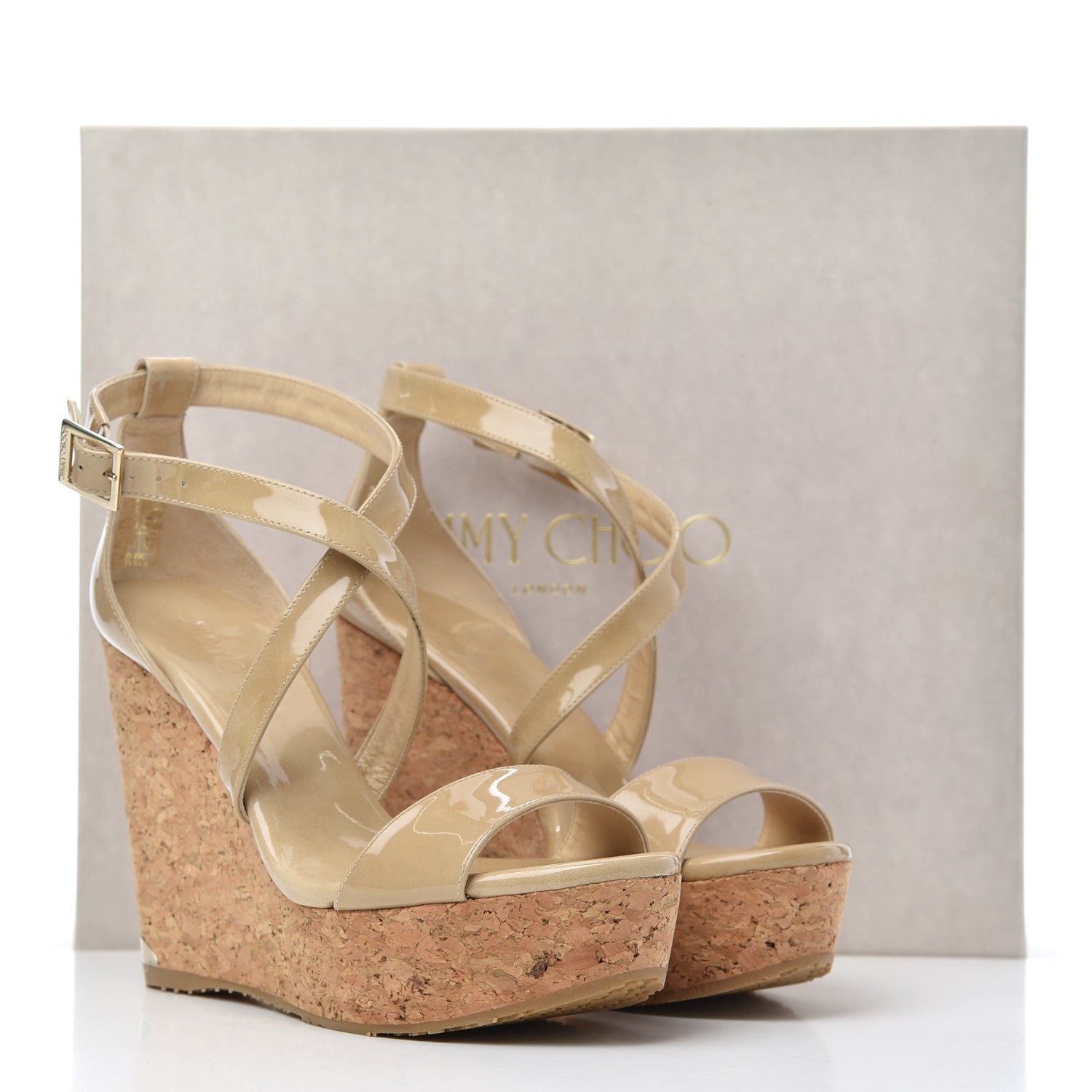 Jimmy Choo Patent Cork Portia 120 Wedge Sandals 38 Nude 23 of 23