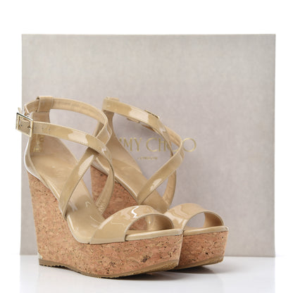 Jimmy Choo Patent Cork Portia 120 Wedge Sandals 38 Nude 23 of 23