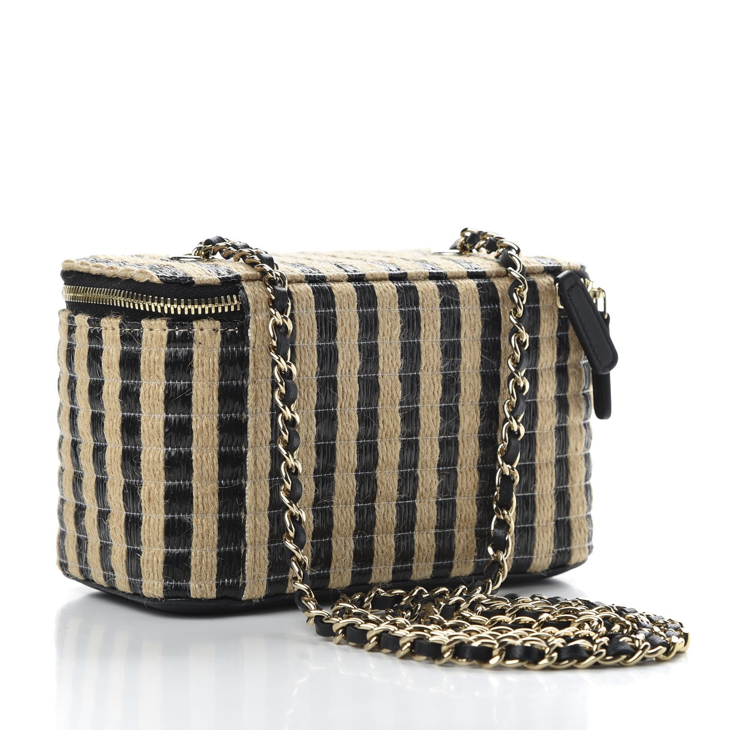 Chanel Raffia Jute Striped Small Vanity Case With Chain Black Beige 3 of 11