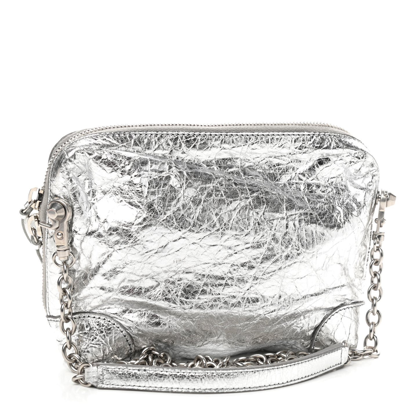 Metallic Calfskin Classic Silver Hardware Pouch With A Chain Crossbody Silver