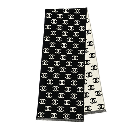 Chanel Wool Cashmere CC Scarf Black White 2 of 4