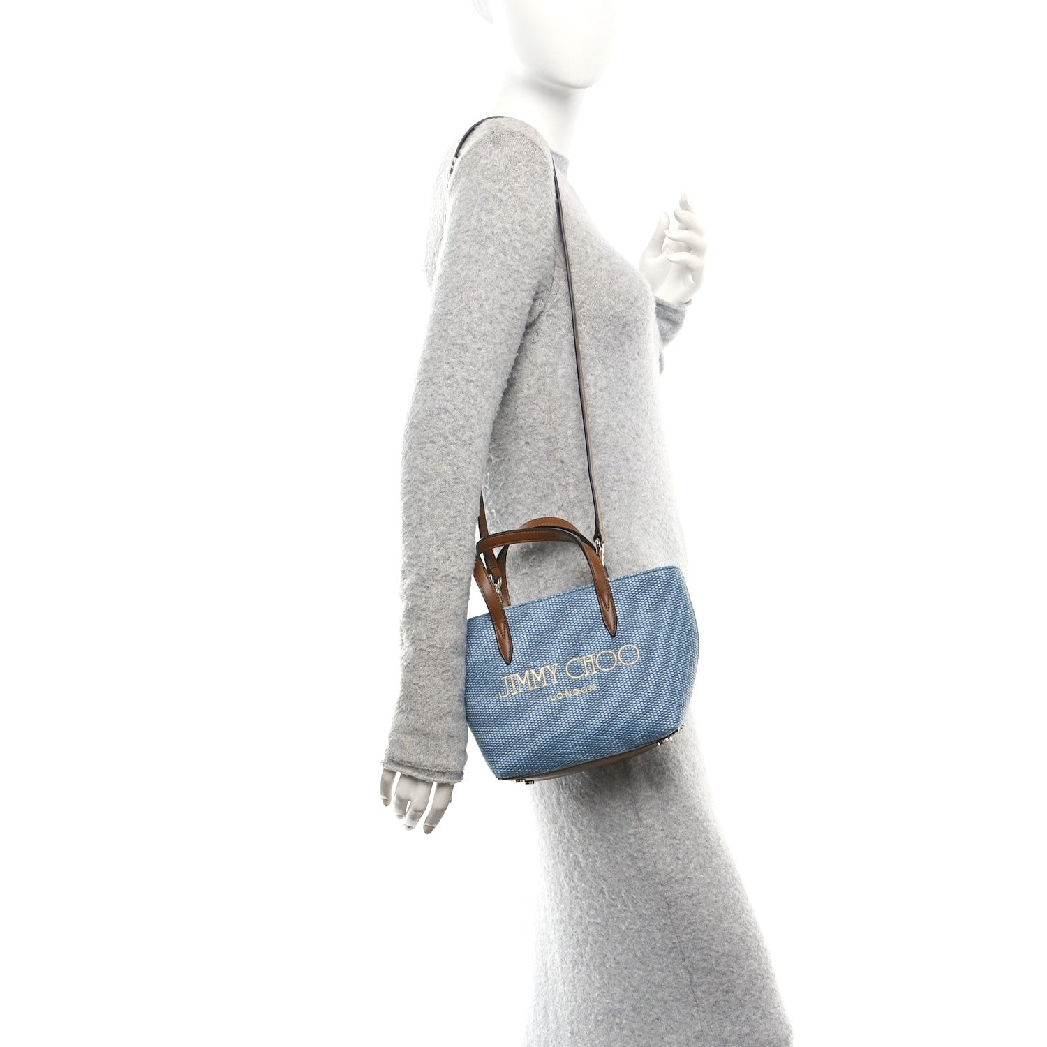 Jimmy Choo Raffia Canvas Logo Embroidered Mini Tote Smoky Blue Tan