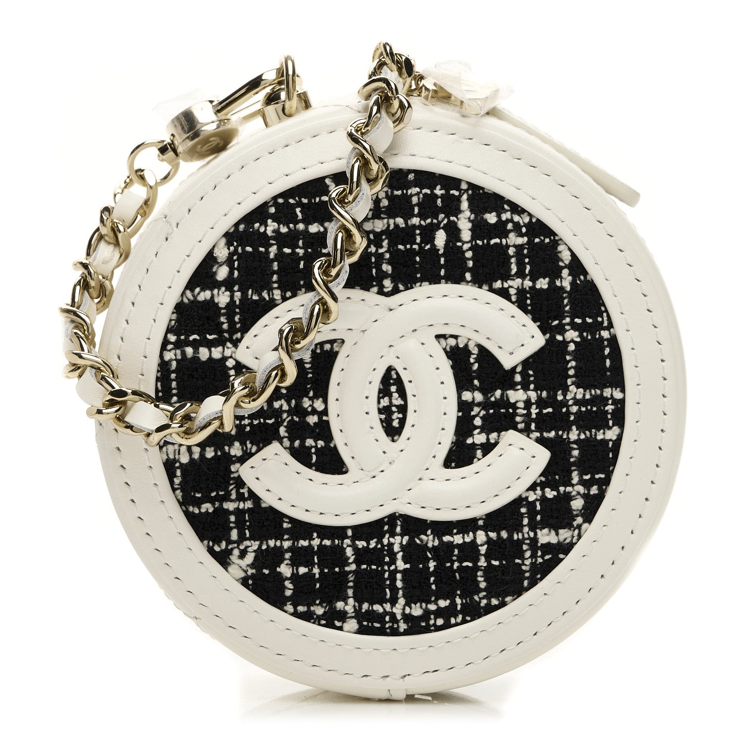 Chanel Tweed Quilted Round Filigree Pouch With Chain White Black 16 of 18