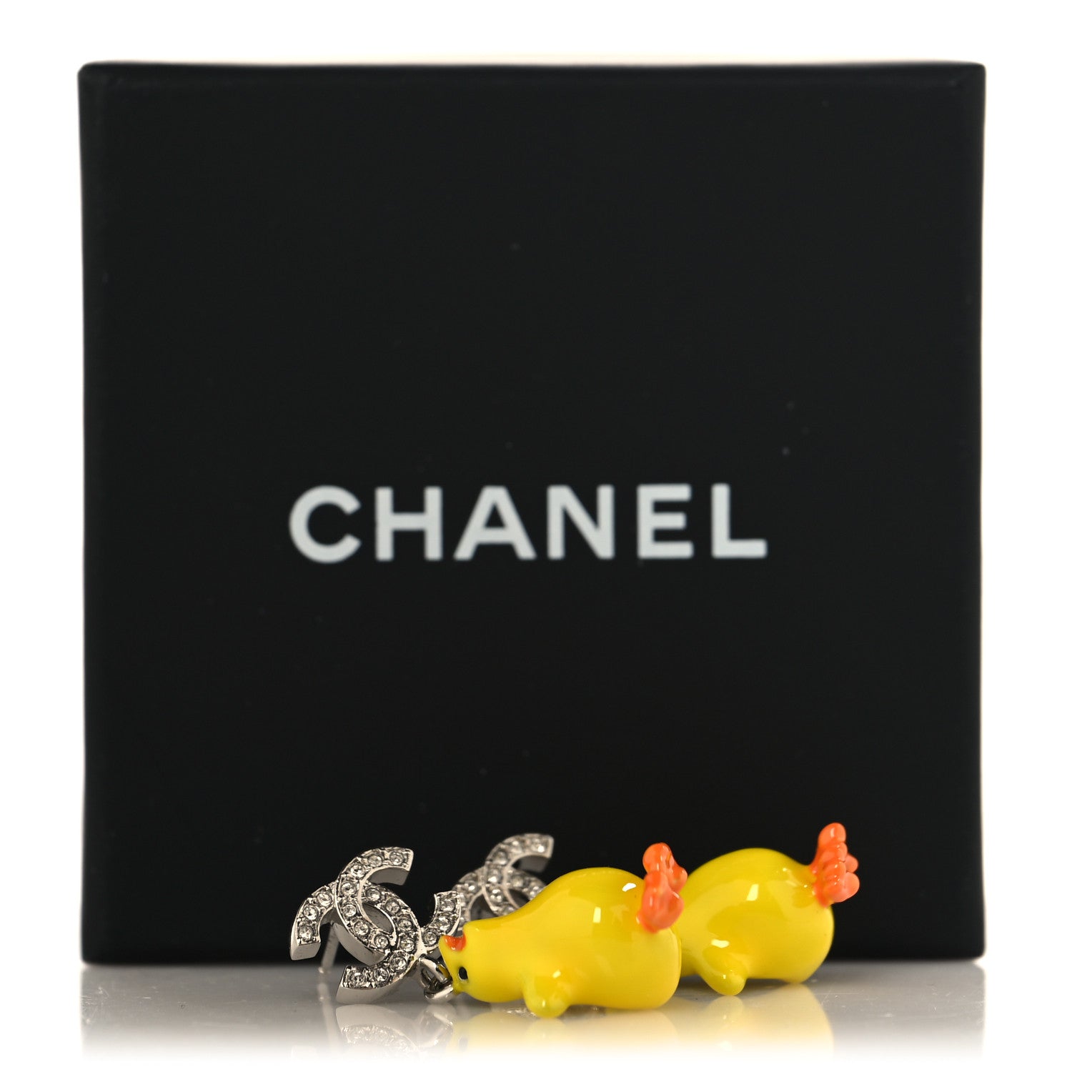 Chanel Metal Resin Strass Crystal CC Baby Chick Pendant Earrings Silver Yellow Orange 5 of 5