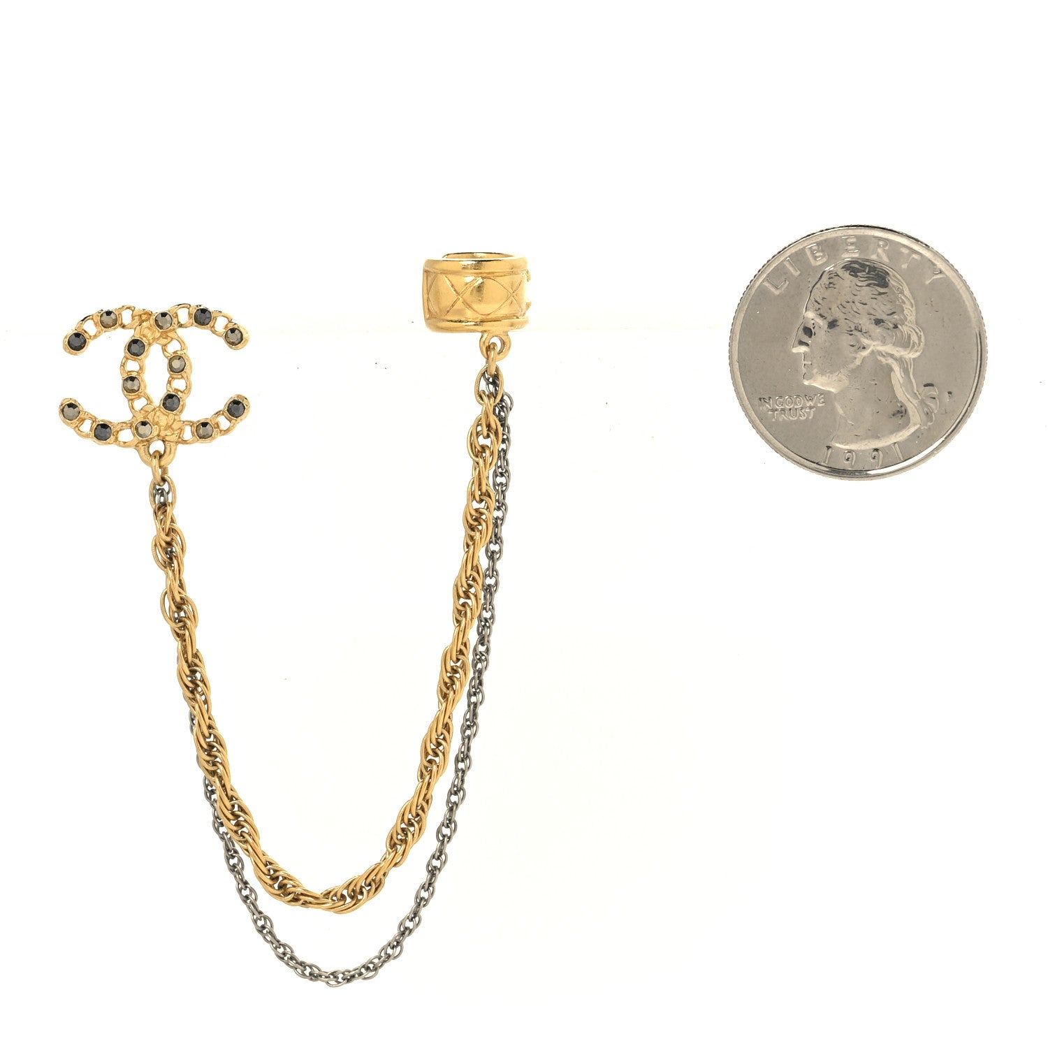 Chanel Crystal CC Chain Cuff Single Earring Gold Silver 2 of 4