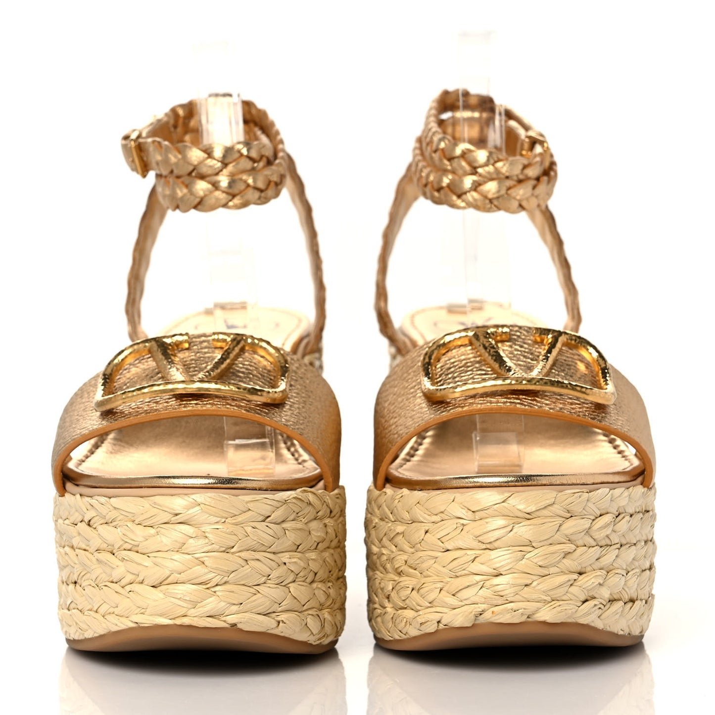 Metallic Pebbled Calfskin VLogo Ankle Wrap Espadrille 45/90mm Platform Wedge Sandals 41 Antique Brass
