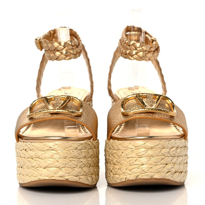 Valentino Garavani Metallic Pebbled Calfskin VLogo Ankle Wrap Espadrille 45/90mm Platform Wedge Sandals 41 Antique Brass 2 of 7