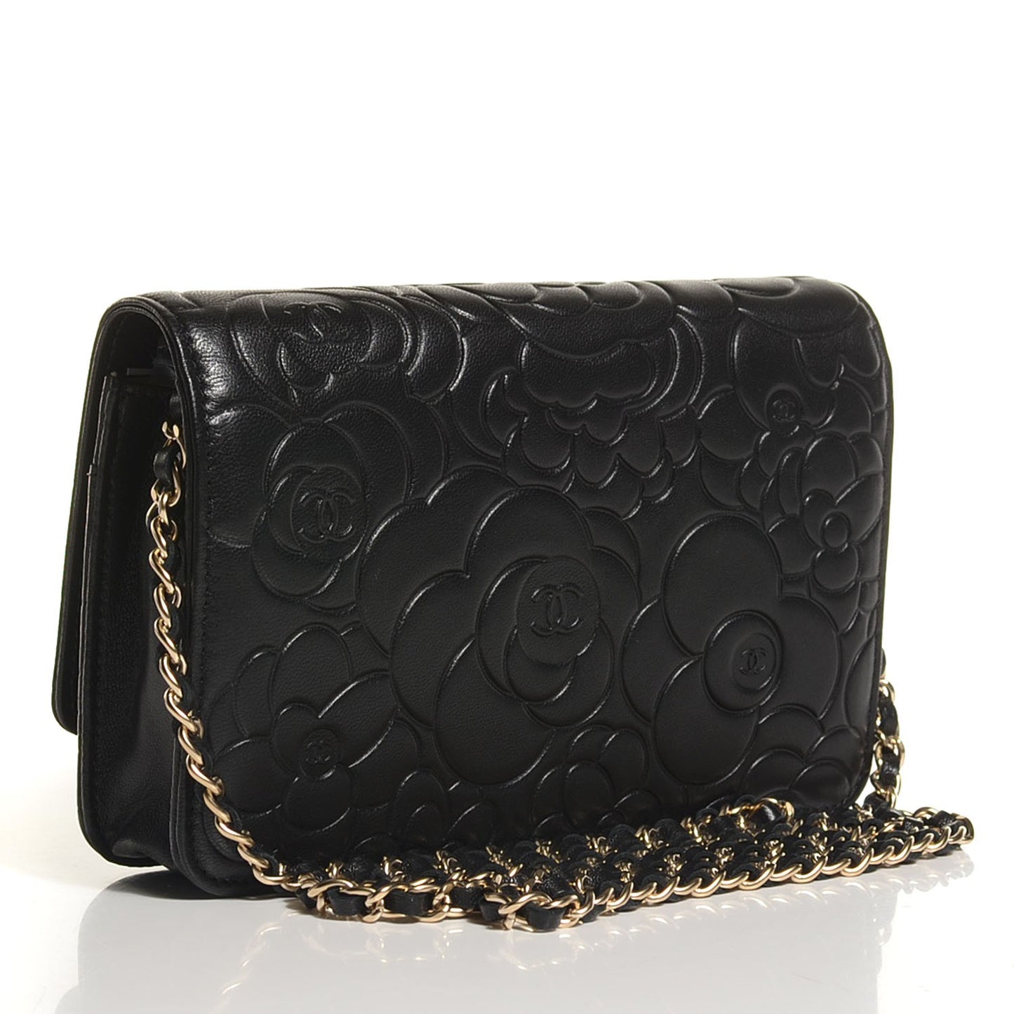 Lambskin Camellia Embossed Wallet on Chain WOC Black