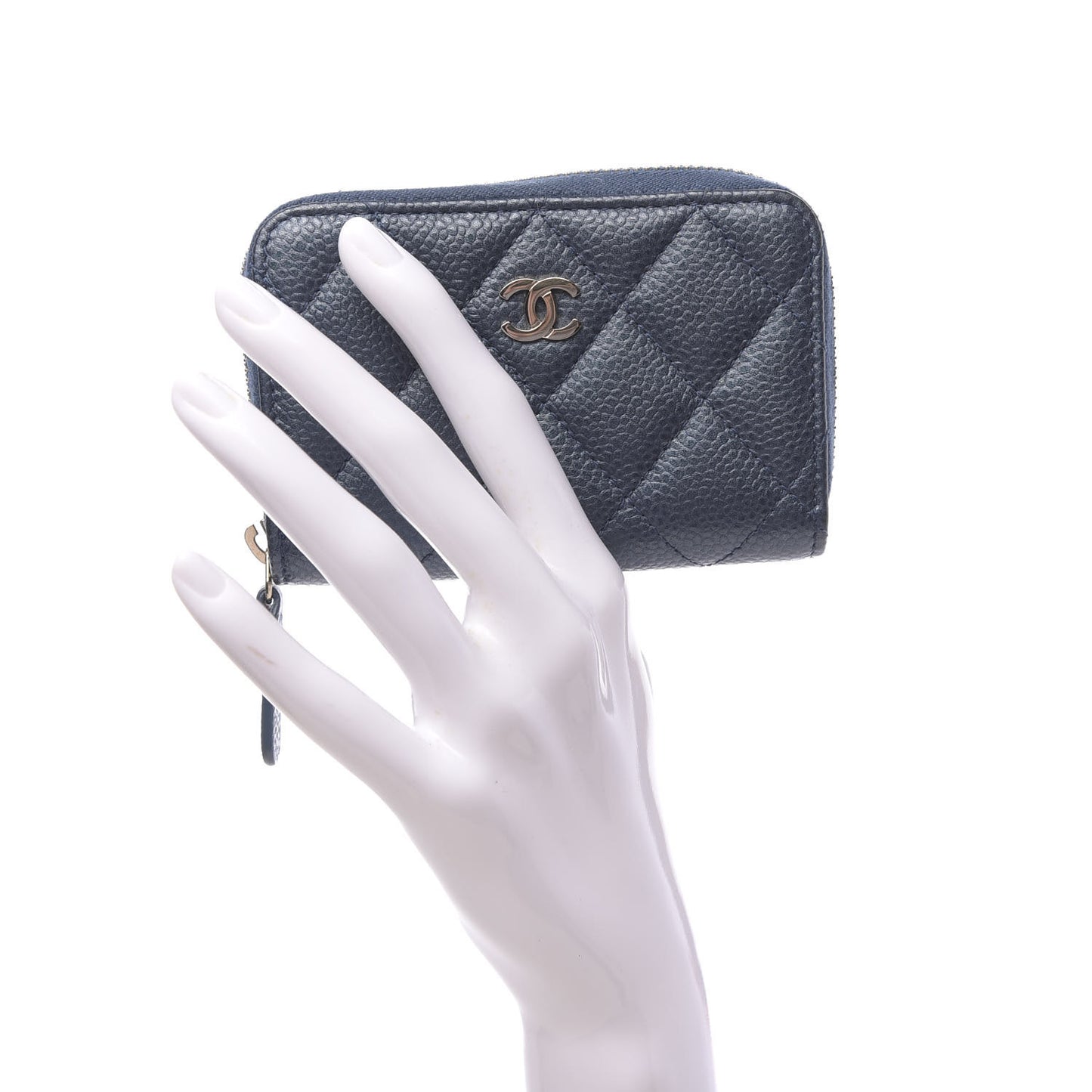 Metallic Caviar Quilted Zip Coin Purse Dark Blue