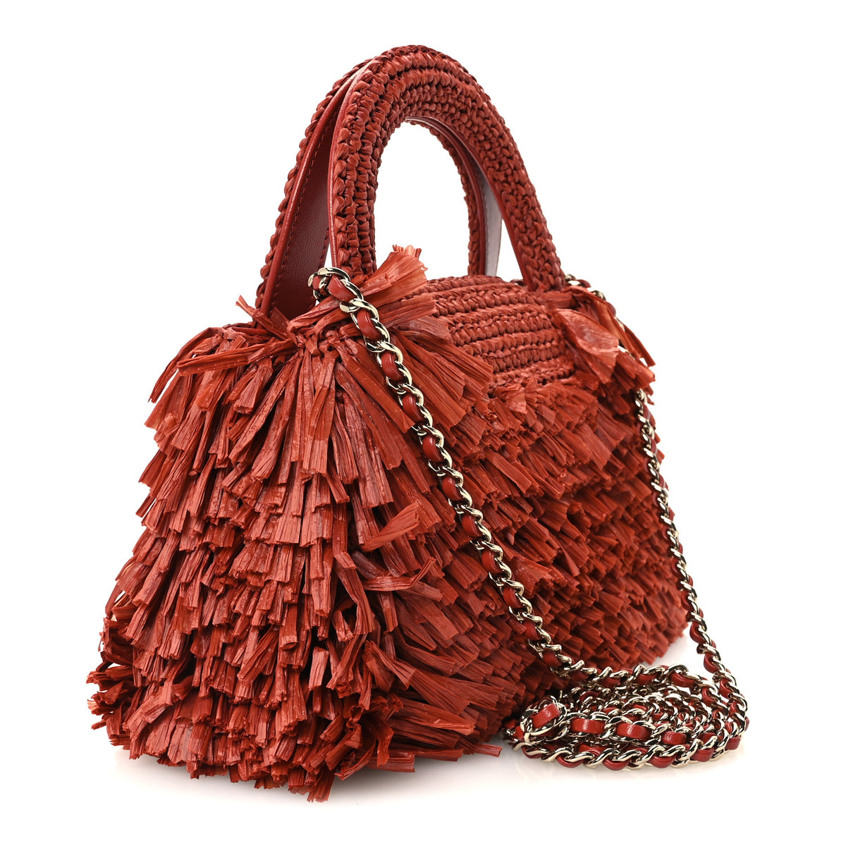 Raffia Fringe Nano Kelly Shopper Red