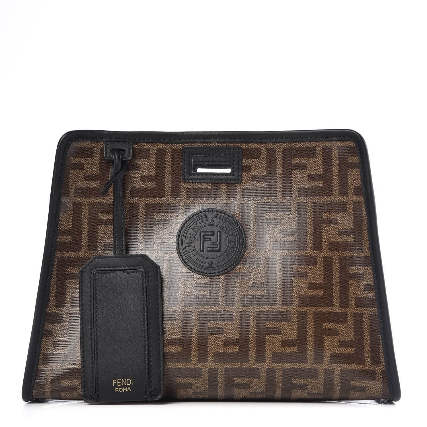 Fendi Glazed Fabric Vitello Century FF 1974 Stamp Patch Mini Peekaboo Defender Cover Mogano Panna Black 1 of 9