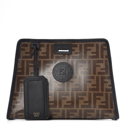 Fendi Glazed Fabric Vitello Century FF 1974 Stamp Patch Mini Peekaboo Defender Cover Mogano Panna Black 1 of 9
