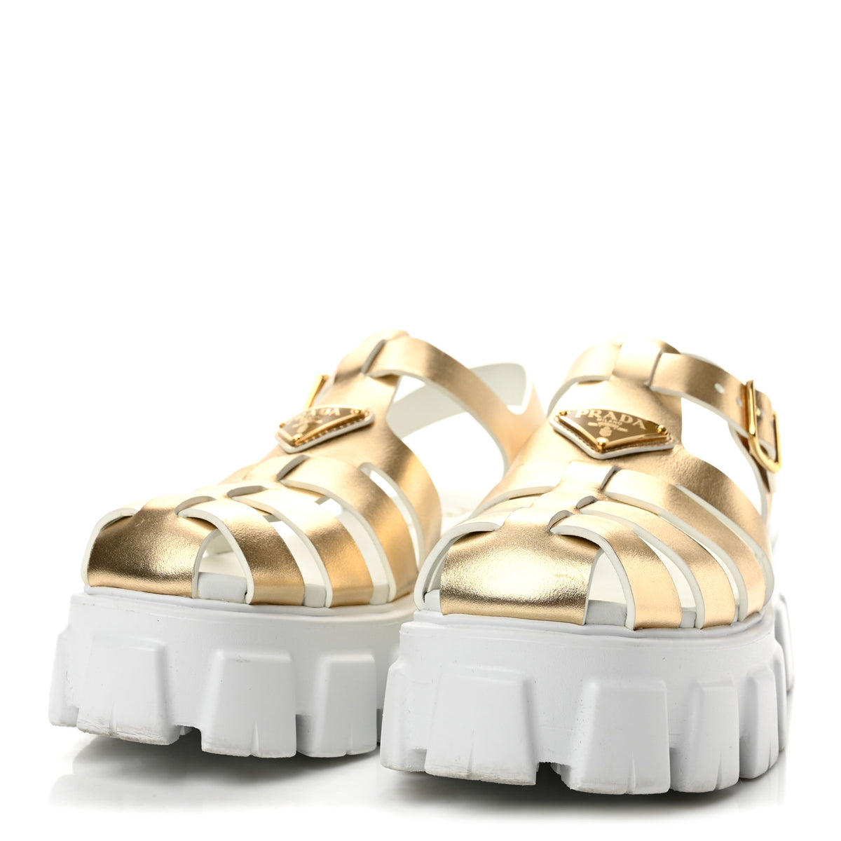 Prada Metallic Vitello Metal Triangle Logo Monolith 55mm Cage Sandals 40 Platino 4 of 11