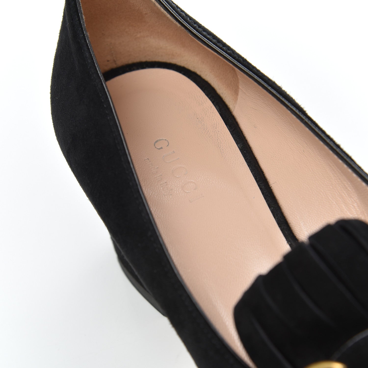 Gucci Kid Scamosciato GG Marmont Fringe 50mm Loafer Pumps 36.5 Black 16 of 20