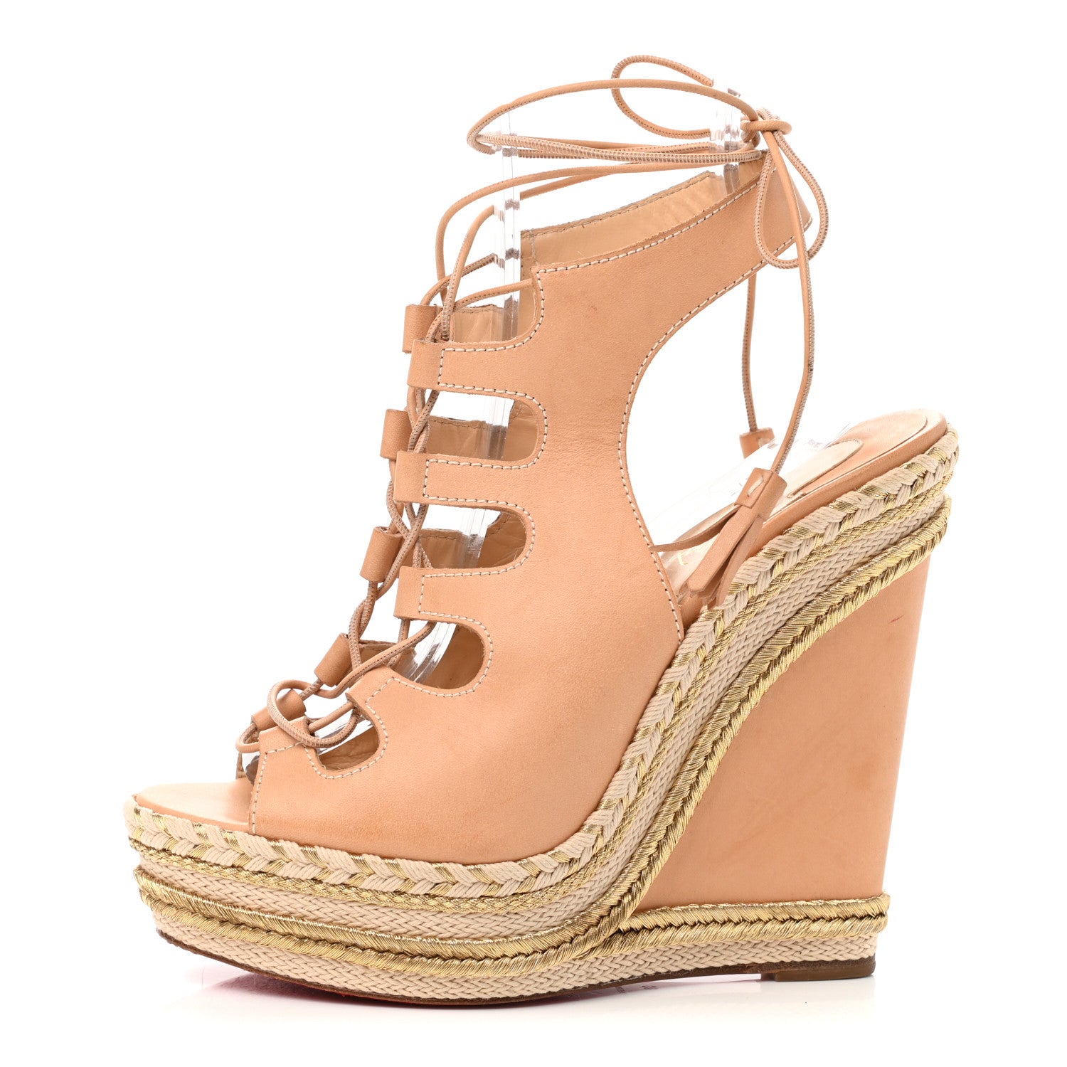 Christian Louboutin Calfskin Spagana 140 Lace Up Platform Wedge Sandals 39 Natural 1 of 9